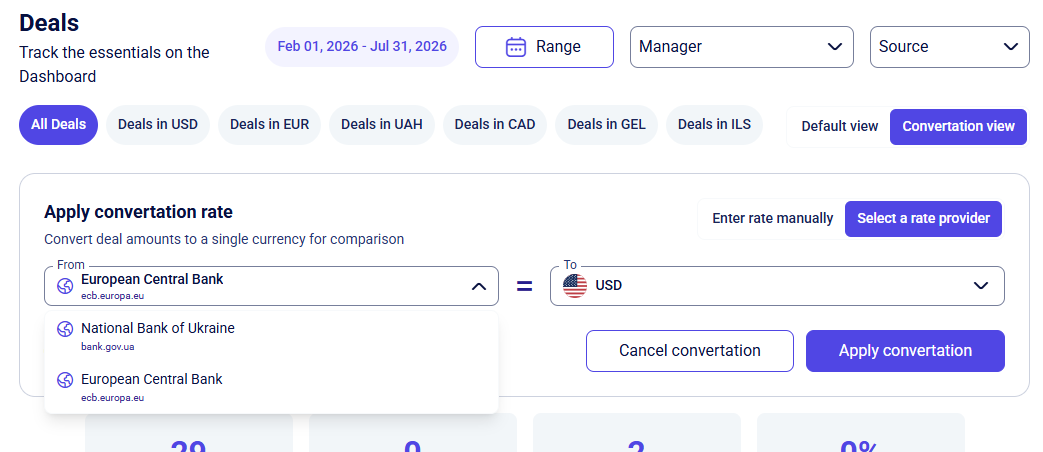 CRM statistic Deals conversion view with rate provider and target currency options