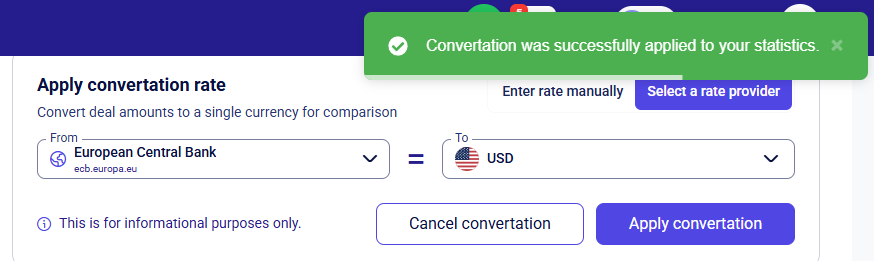 CRM statistic conversion panel using European Central Bank with success toast