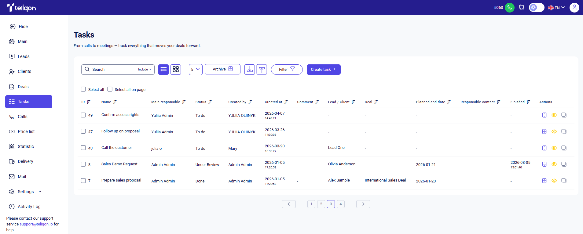 CRM tasks page showing sidebar, search toolbar, and listed task table
