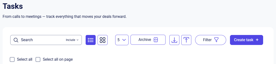 CRM tasks toolbar with search, list view, archive, filter, and create button
