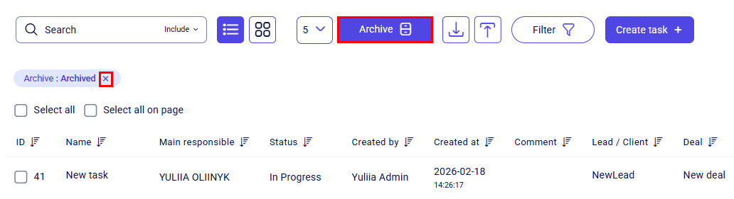 CRM tasks archived list with Archive chip and one In Progress row