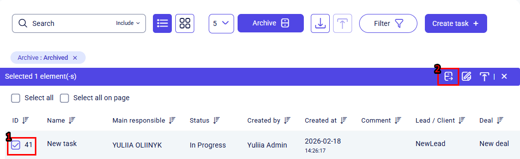 CRM tasks archived row selected with purple bar and Unarchive icon