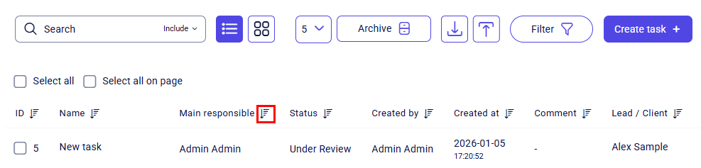 CRM tasks table highlighting Main responsible column sort control
