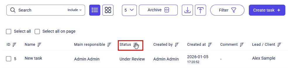 CRM tasks list with cursor on Status header for column sorting