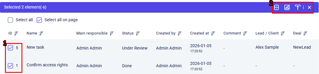 CRM tasks table with two rows selected and purple bulk action bar