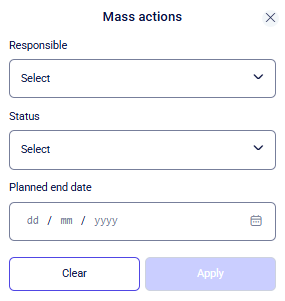 CRM tasks Mass actions modal with Responsible, Status, and date fields