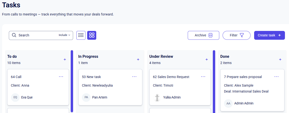 CRM tasks Kanban board with To do, In Progress, Under Review, Done columns