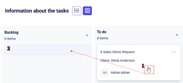 CRM tasks board showing a card dragged from To do toward Backlog