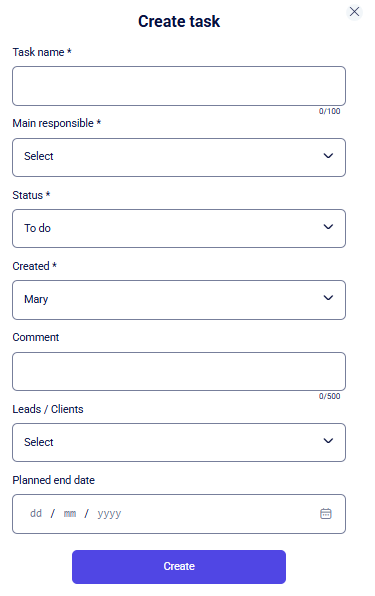 CRM tasks Create task modal with required name, responsible, and status fields