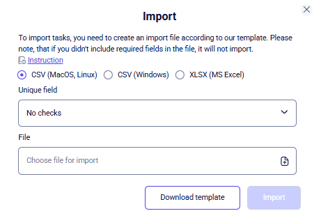 CRM tasks Import modal with CSV XLSX options, unique field, and file picker