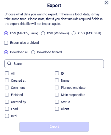 CRM tasks Export modal with format radios, archived option, and field checkboxes