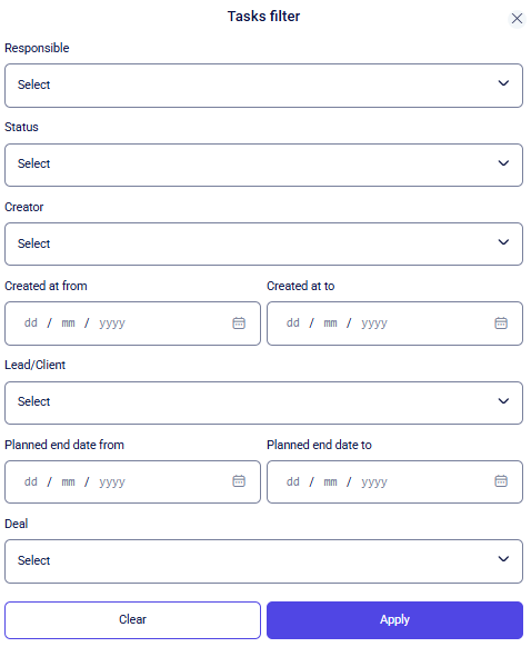 CRM tasks filter modal with responsible, status, dates, lead, and deal fields