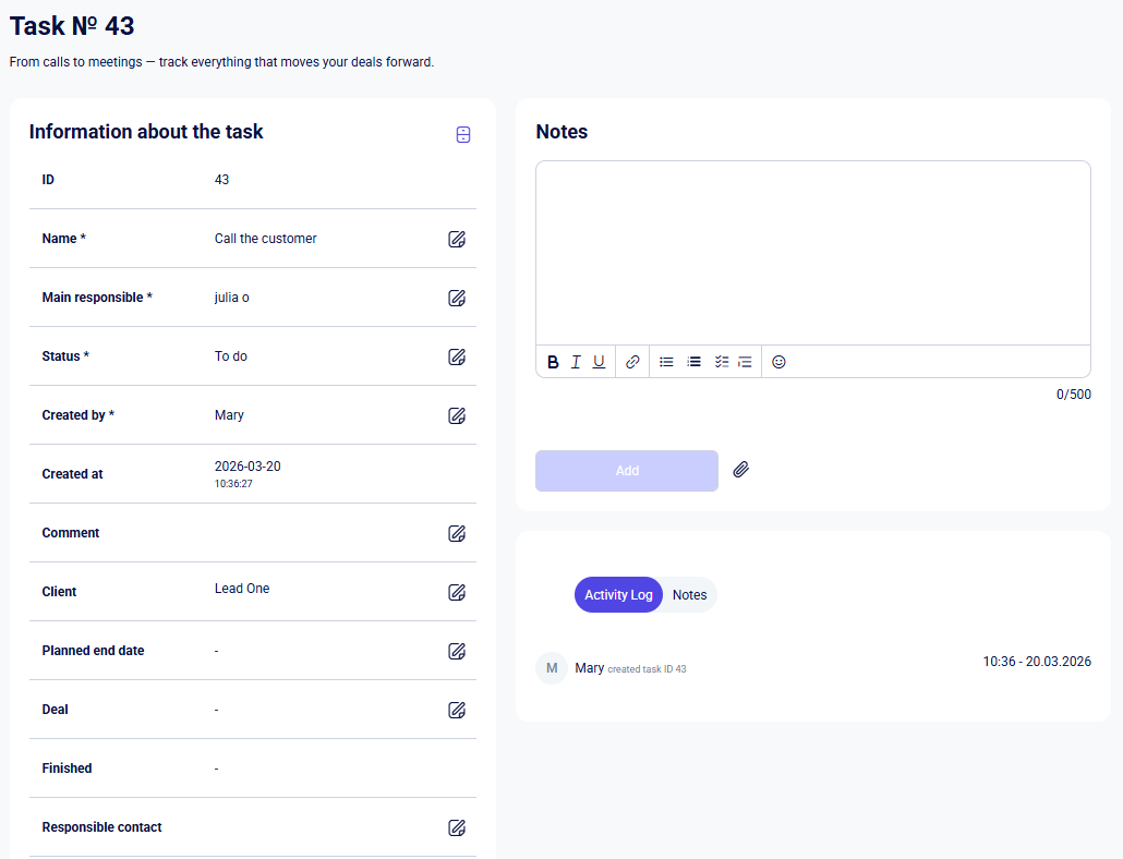 CRM tasks card showing task details, notes editor, and activity log