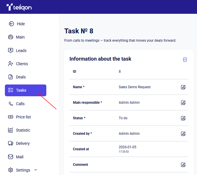 CRM tasks detail page with Tasks sidebar item highlighted to return