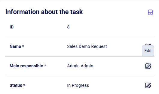 CRM tasks information fields with Edit tooltip on the Name row