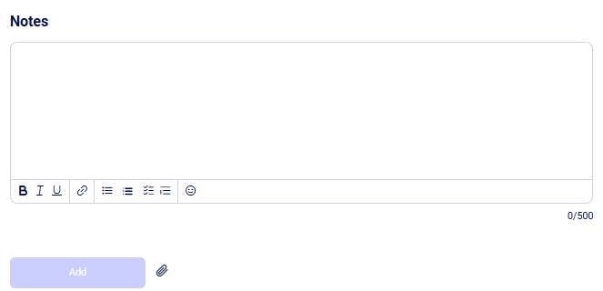CRM tasks Notes editor with formatting toolbar, Add button, and paperclip