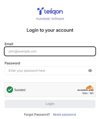 Auto Dialer login page with email, password, and CAPTCHA verification