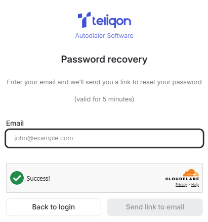 Auto Dialer password recovery page with email and CAPTCHA verification