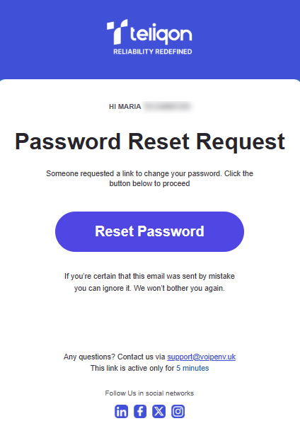 Auto Dialer password reset request email with reset password button
