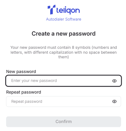 Auto Dialer create new password page with password confirmation fields