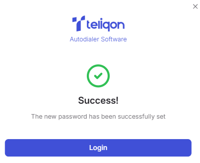 Auto Dialer password reset success message with login button