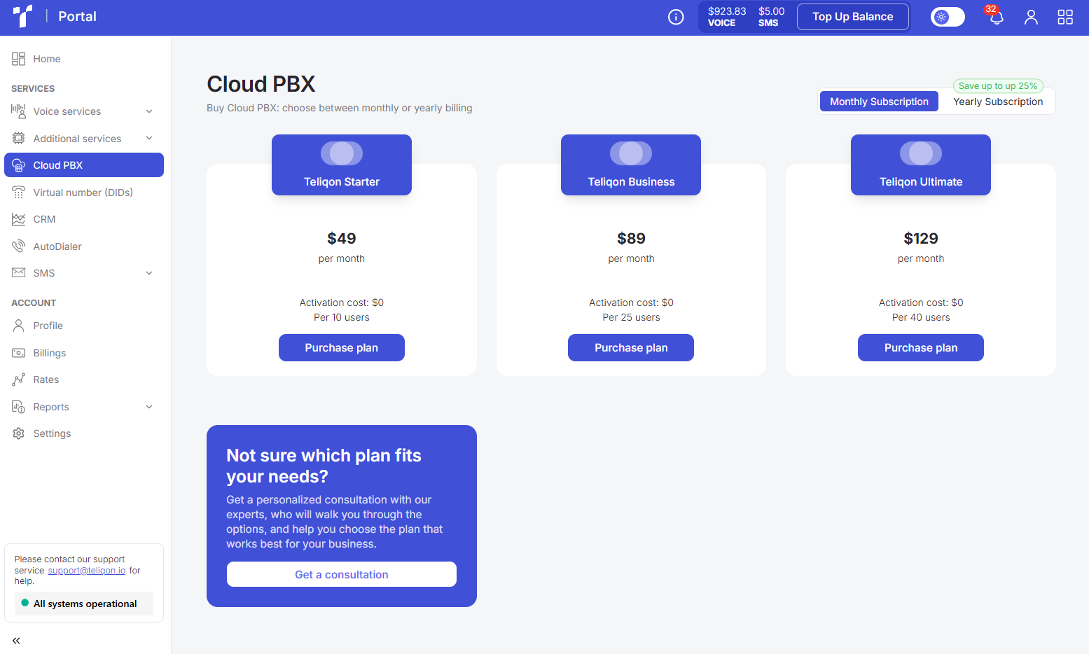 Portal Cloud PBX plan cards for Starter, Business, Ultimate monthly subscriptions