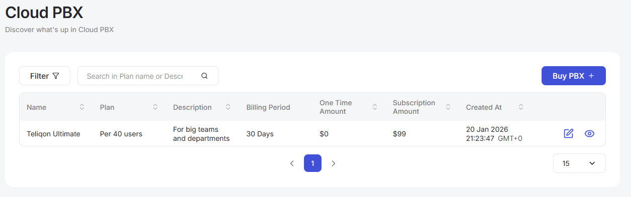 Portal Cloud PBX purchased plans table with Teliqon Ultimate and action icons