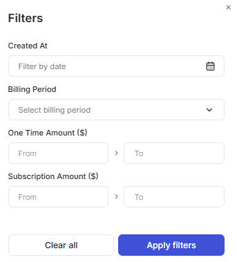 Portal Cloud PBX Filters dialog with date, billing period, and amount ranges