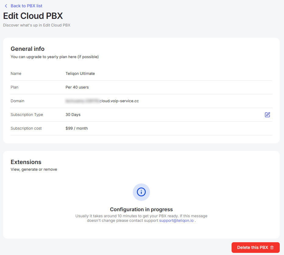Portal Cloud PBX edit page showing Ultimate plan, extensions progress, delete button