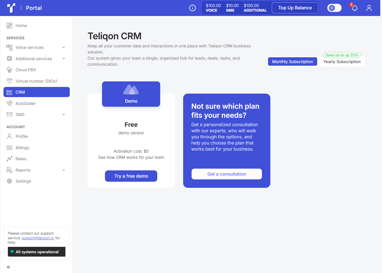 Portal CRM page with free demo card, monthly yearly toggle, and consultation offer