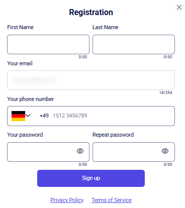 Portal CRM Registration modal with name, email, phone, password fields, and Sign up