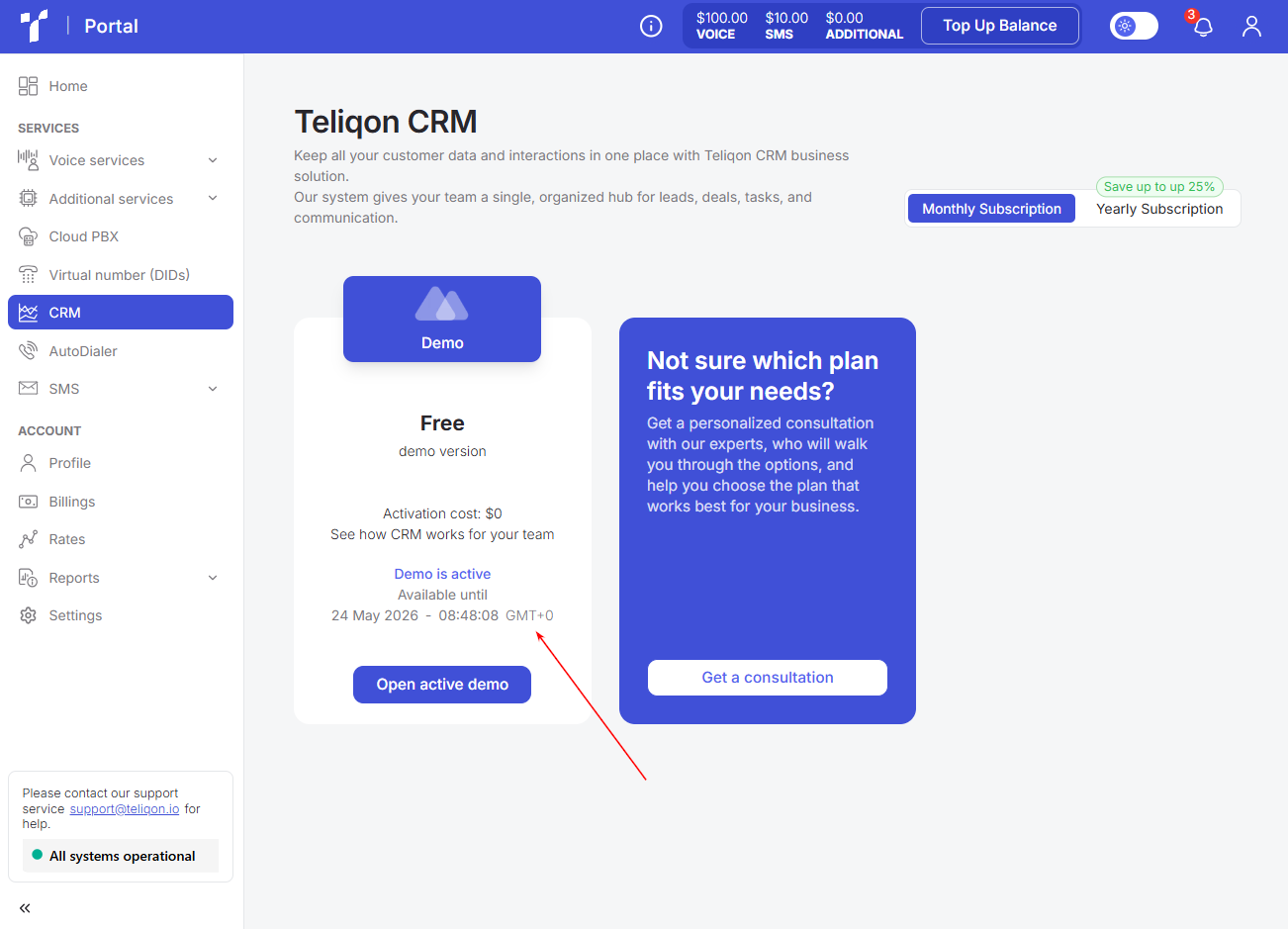 Portal CRM page showing active free demo details with expiration date and consultation offer