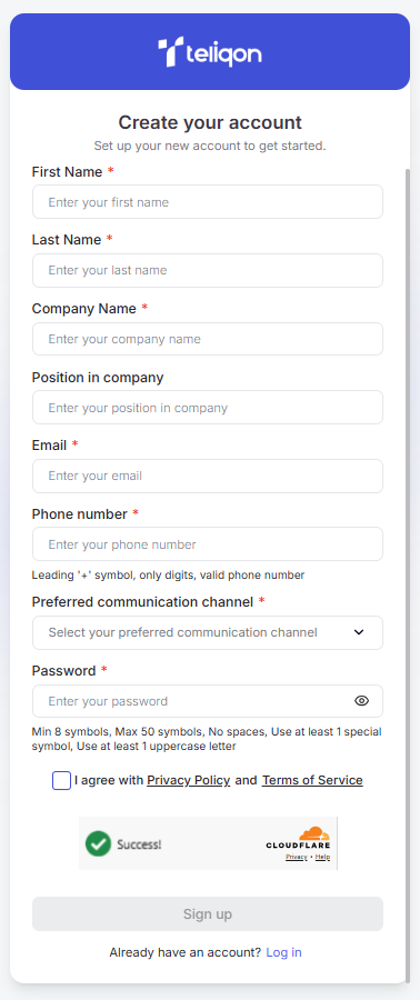 Portal login Sign Up form with personal fields, channel select, and Cloudflare widget