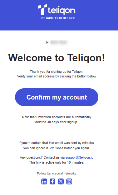 Portal login welcome email featuring Teliqon branding and Confirm my account button