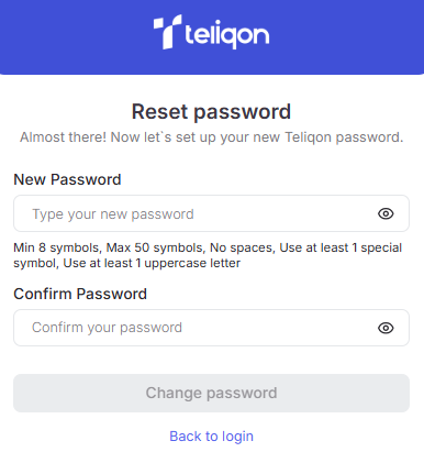 Portal login reset password form with new and confirm fields plus disabled button