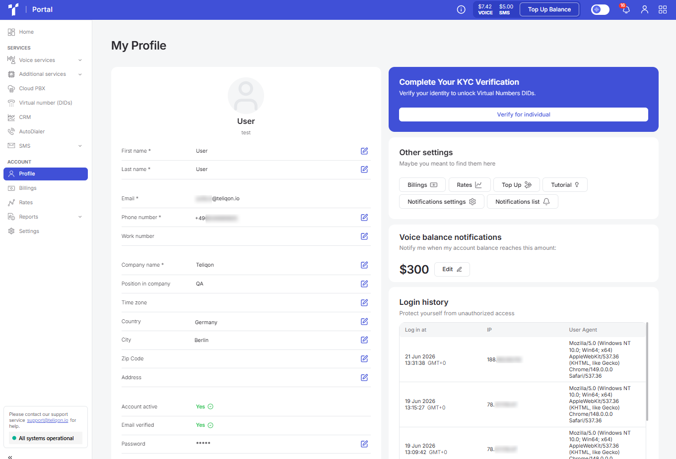 Portal profile page with Profile selected showing KYC settings and login history
