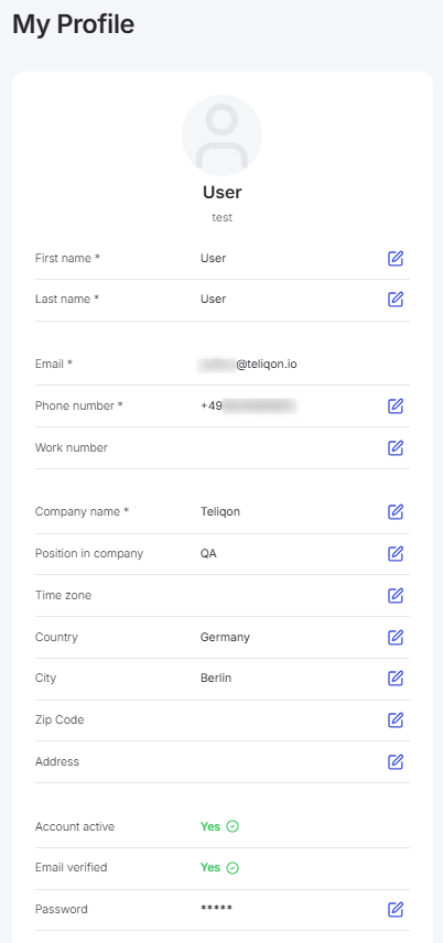 Portal profile information card with name email fields and pencil edit icons