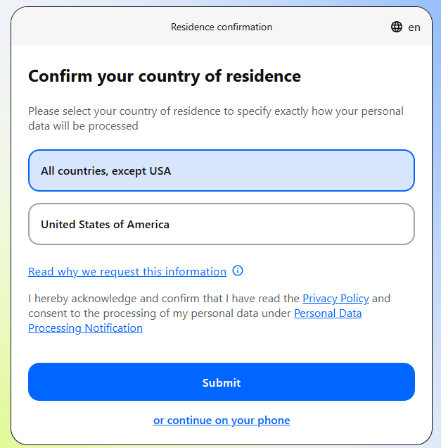 Portal profile residence confirmation modal with All countries except USA selected