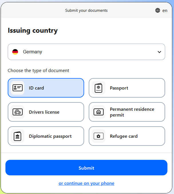 Portal profile document submit screen with Germany and ID card selected