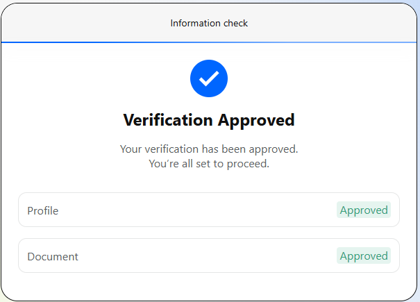 Portal profile verification approved screen with Profile and Document badges