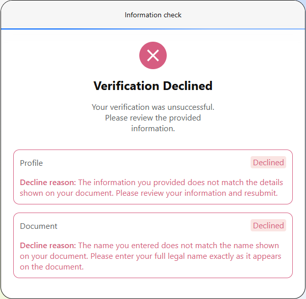 Portal profile verification declined modal with Profile and Document reasons
