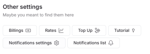 Portal profile Other settings buttons for Billings Rates Top Up and Tutorial