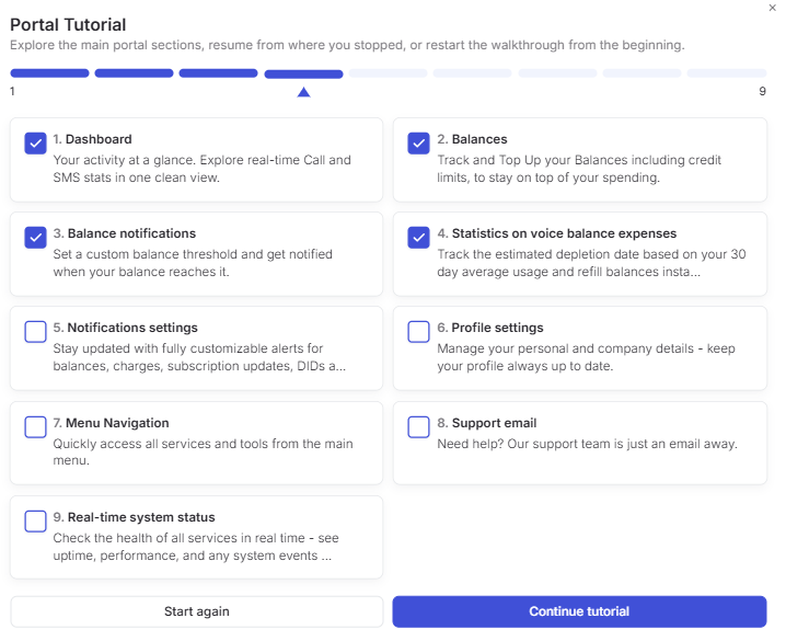 Portal profile tutorial modal with nine-step checklist and Continue tutorial