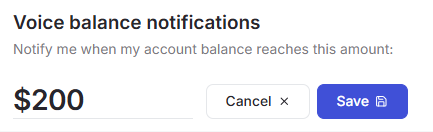 Portal profile Voice balance notifications edit field with Cancel and Save