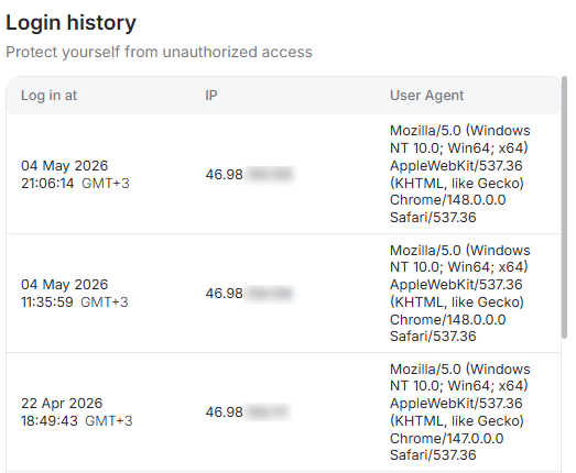 Portal profile Login history table with date IP and User Agent
