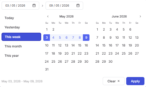 Portal reports date picker with This week preset and May 2026 range