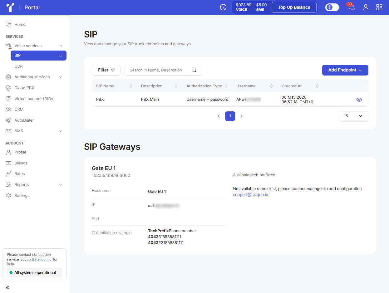 Portal SIP page with sidebar SIP selected endpoints table and gateways