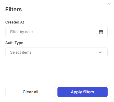 Portal SIP Filters modal with Created At date and Auth Type fields