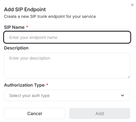 Portal SIP Add Endpoint modal with name description and auth type