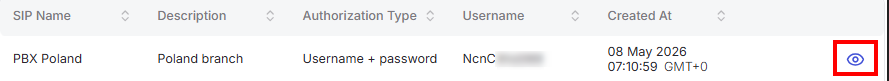 Portal SIP table row for PBX Poland with view eye icon highlighted